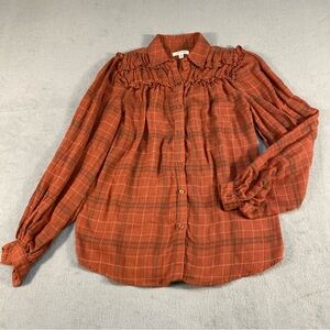 Max Studio Women’s Orange & Brown Plaid Shirt with puff sleeves, Size XS